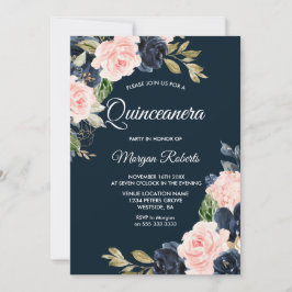 Botanisches Party Navy & Blush Quinceanera Einladung