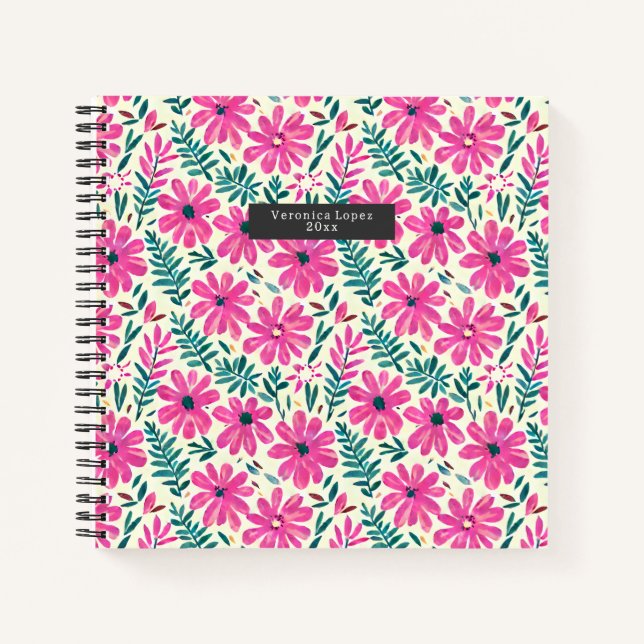 Botanisches Pink Daisies Wasserfarben Muster Notizbuch (Vorderseite)