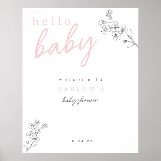 Botanisches Pink Hello Baby Dusche Willkommen Poster (Vorne)
