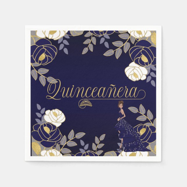Botanisches Quinceanera in Weiß und Marineblau Serviette (Vorderseite)