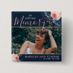 Botanisches Rosa & Navy Blumen Elegantes Gedenken Button