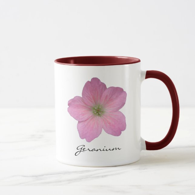 Botanisches rosa Pelargonie-Blumen-Foto mit Namen Tasse (Rechts)