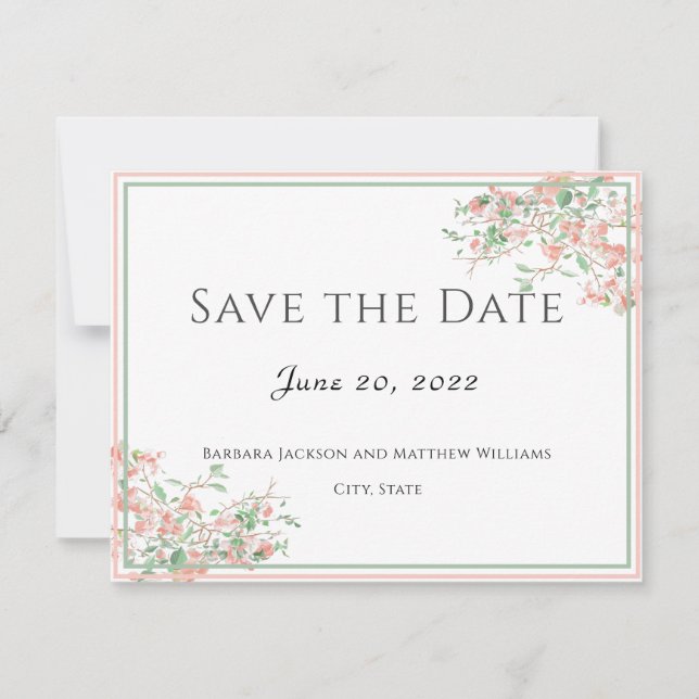 Botanisches Rosa und grünes Boho Save the Date (Vorderseite)