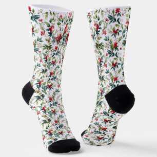 Botanisches Rot Grün Aquarell Weihnachten Vogel Socken