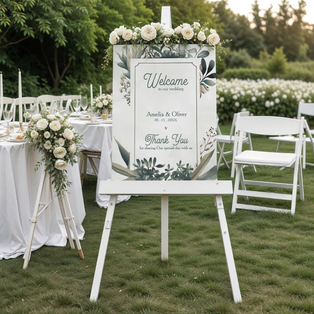 Botanisches Salbei Grün Grünzeug Hochzeits Willkom Poster (Botanical Greenery Wedding Welcome Sign | Sage Green Garden Wedding Welcome Poster)