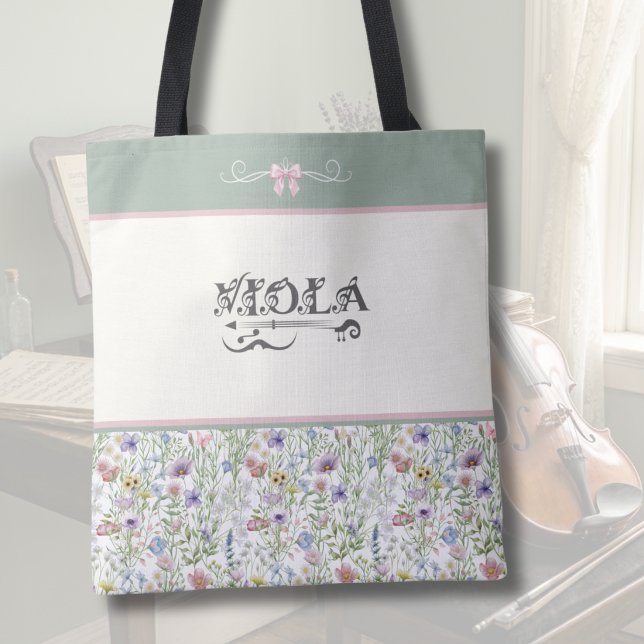 Botanisches Salbei Grün Viola | Streichinstrumente (Botanical Viola Tote Bag | Sage Green & Pink Wildflower | Personalized Orchestra Gift)