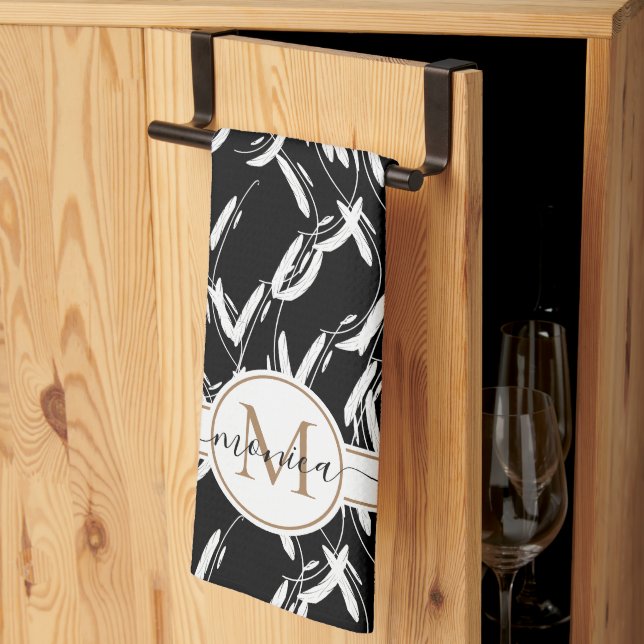 Botanisches Schwarz-Weiß-Blütengold Mit Monogramm Geschirrtuch (Drittel gefaltet)