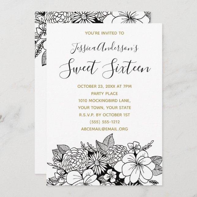 Botanisches Schwarz-weißes Blumengold Süß 16 Einladung (Vorne/Hinten)