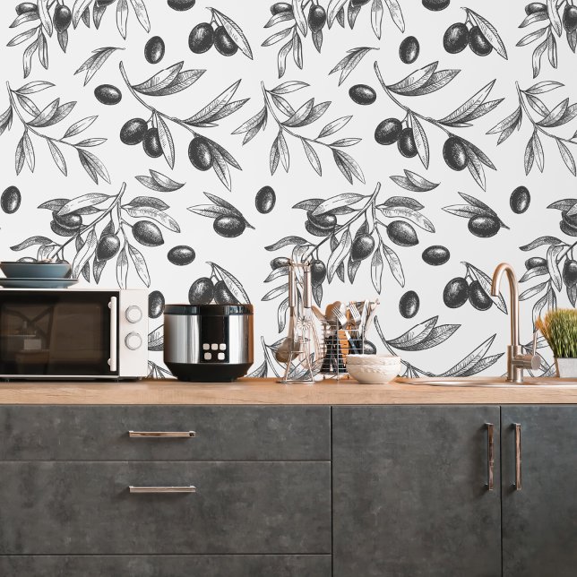Botanisches Schwarzwaldmuster Küche Tapete (Botanical Black Olive Branch Pattern Kitchen Wallpaper
)