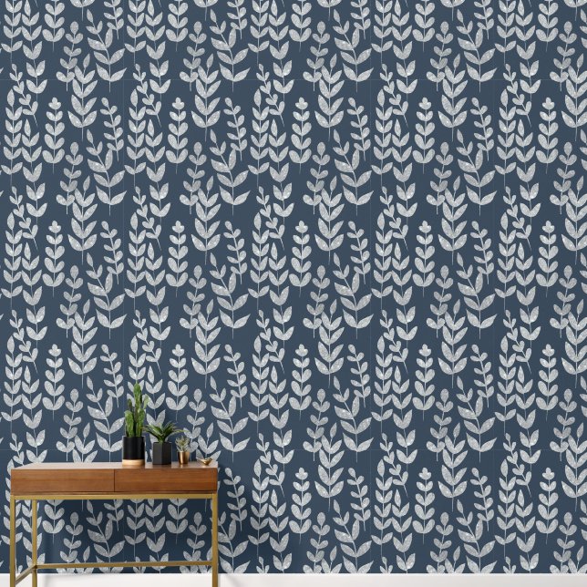 Botanisches Silber Blätter Vines Navy Blue Wall Tapete (Korridor)