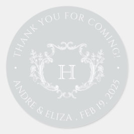 Botanisches Silber-Wappen-Monogramm-Hochzeitsticke Runder Aufkleber