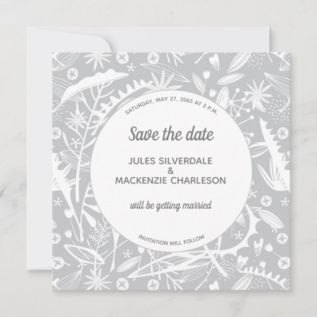 Botanisches Silbergraumuster Save the Date Einladung (Vorderseite)