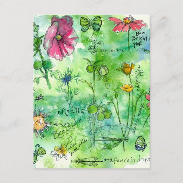 Botanisches Sketchbook Butterfly Wasserfarbe Blume Postkarte (Vorderseite)