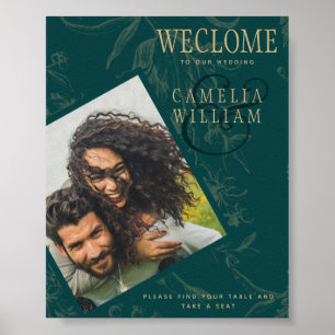 BOTANISCHES TEAL GOLD FOTO Hochzeit WILLKOMMEN Poster