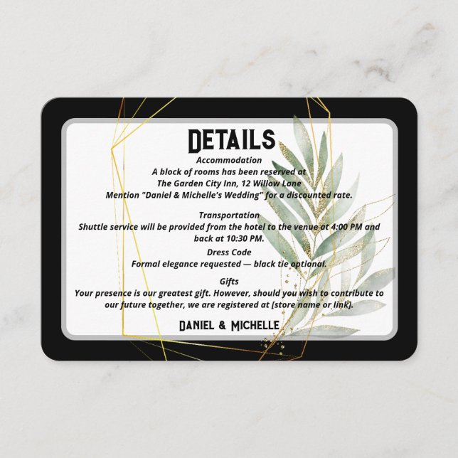 Botanisches Thema der modernen schwarzen Goldhochz Begleitkarte (Vorderseite)