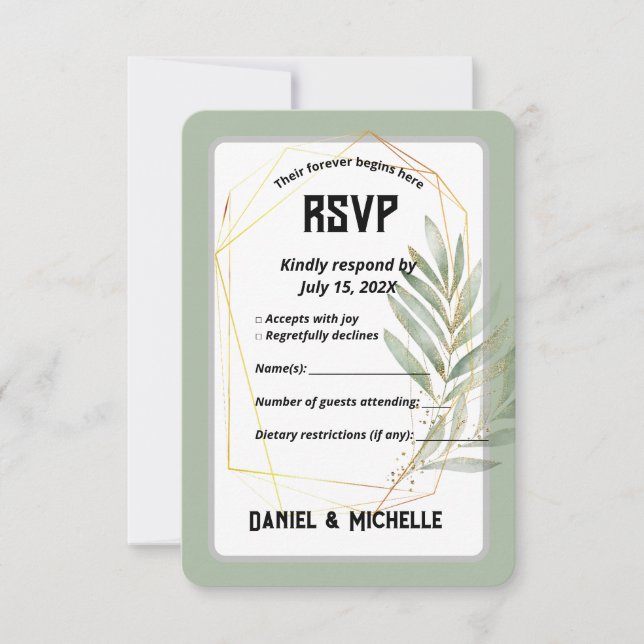 Botanisches Thema der modernen schwarzen Goldhochz RSVP Karte (Vorderseite)