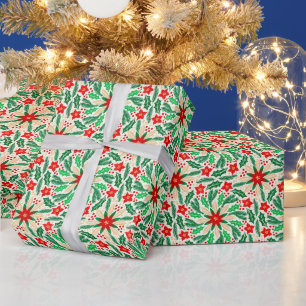 Botanisches Urlaubsmuster Holly und Poinsettia Geschenkpapier