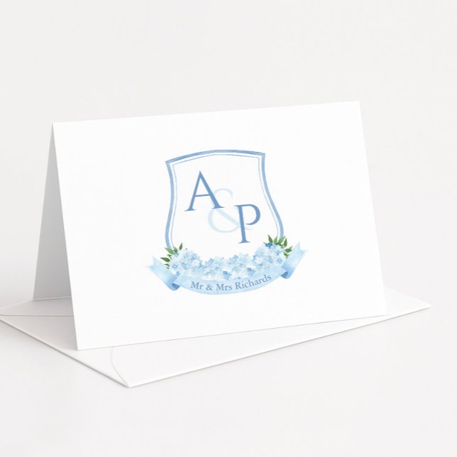 Botanisches Wappen-Hochzeit in Blau und Weiß Dankeskarte (Watercolor blue hydrangea monogram crest folded thank you card)