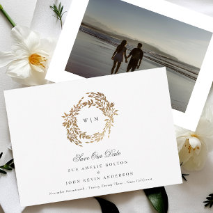 Botanisches Wappen-Hochzeit mit klassischem Gold M Save The Date