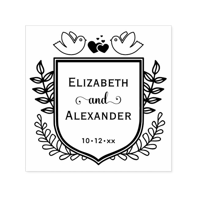 Botanisches Wappen Love Birds Hearts Couple Weddin Permastempel (Design)