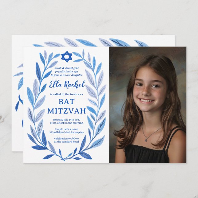 Botanisches Wasserfarben CUSTOM FOTO QR Bat Mitzva Einladung (Vorne/Hinten)
