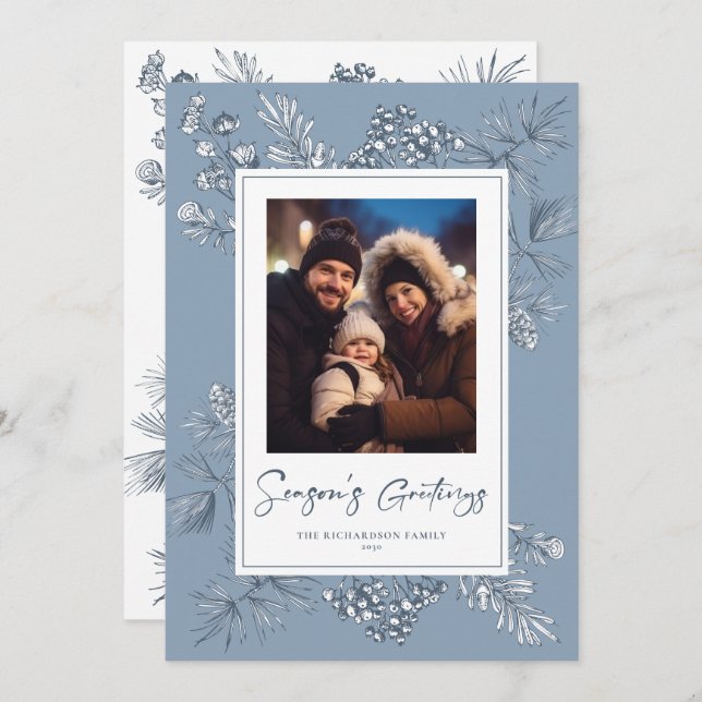 Botanisches Weihnachtsblauer Foto Feiertagskarte (Vorne/Hinten)