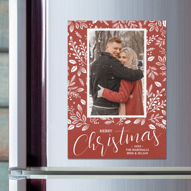Botanisches Weihnachtsfest Foto Rustikale Magnetka Magnetkarte (MAGNETIC! White Botanical Christmas Photo Cards Rustic Red)