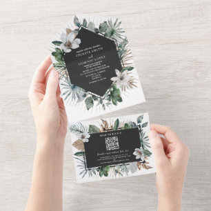 Botanisches weißes florales geometrisches Hochzeit All In One Einladung