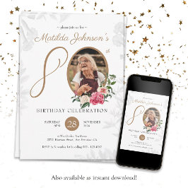 Botanisches Weißgold Custom Foto 80. Geburtstag Einladung