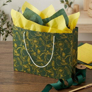 Botanisches Zitronenmuster auf Grün mit Etikett Große Geschenktüte