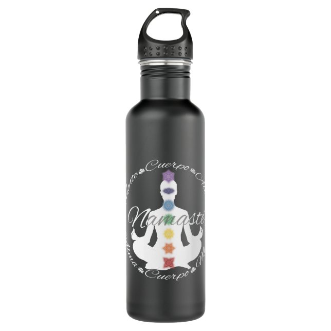 Botella De Agua Yoga Loto Chakras Namaste Blanca Edelstahlflasche (Vorderseite)