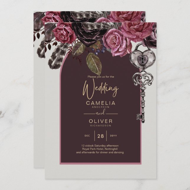 BOTHIC ROSE Burgund Hochzeit im Herbst Einladung (Vorne/Hinten)