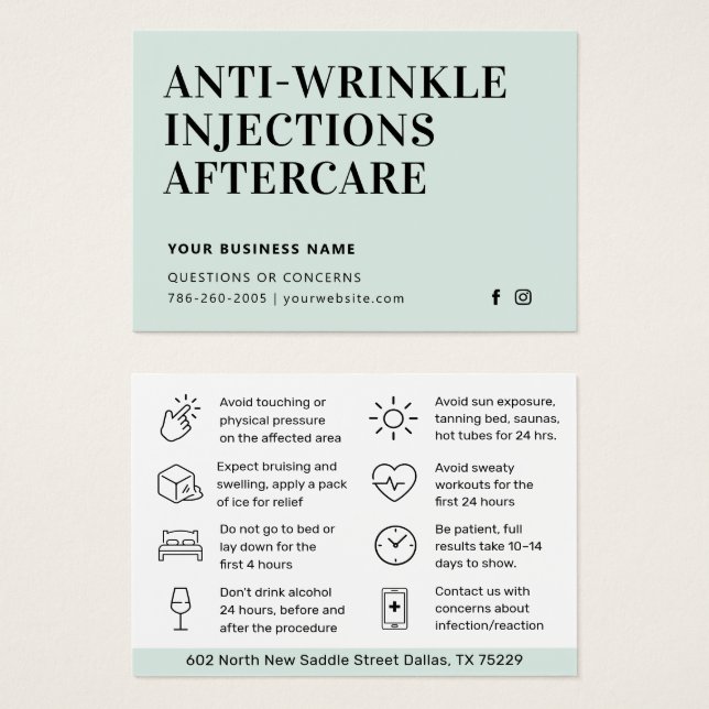 Botox Minze Anti-Falten Injektionen Aftercare Card (Vorne & Hinten)