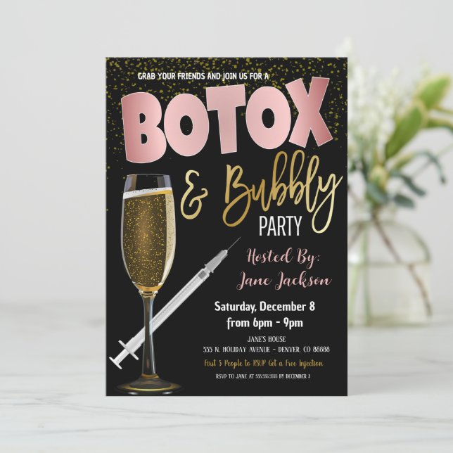 Botox und Bubbly Party Einladung (Stehend Vorderseite)