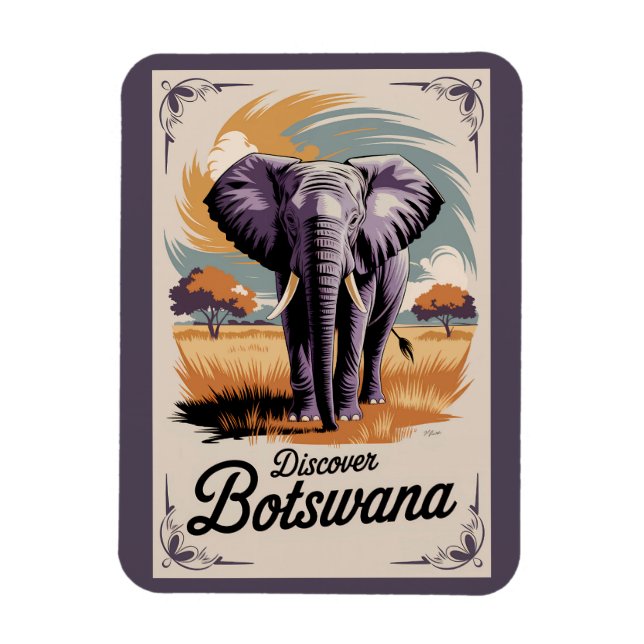 Botswana Elephant Illustration Travel Art Vintag Magnet (Vertikal)