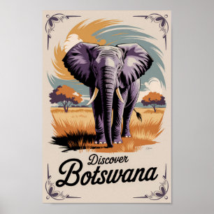 Botswana Elephant Illustration Travel Art Vintag Poster