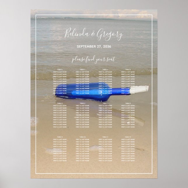 Bottle On Beach Sand Hochzeitskarte Poster (Vorne)