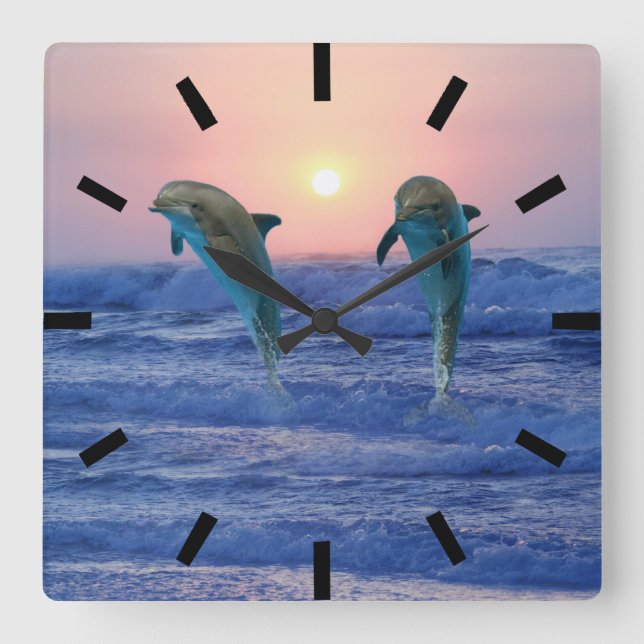 Bottlenose Dolphin bei Sonnenaufgang Quadratische Wanduhr (Vorderseite)