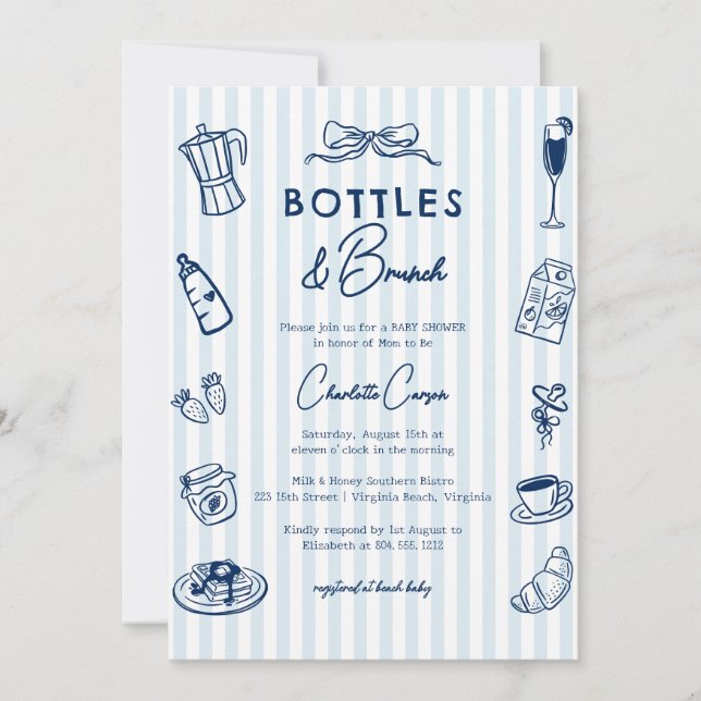 Bottles and Brunch Doodle Baby Shower Blue Striped Einladung (Vorderseite)