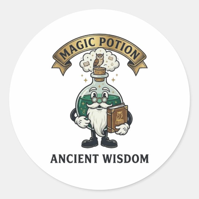 Botto Ancient Wisdom Wizard Magic Potion Owl Retro Runder Aufkleber (Vorderseite)