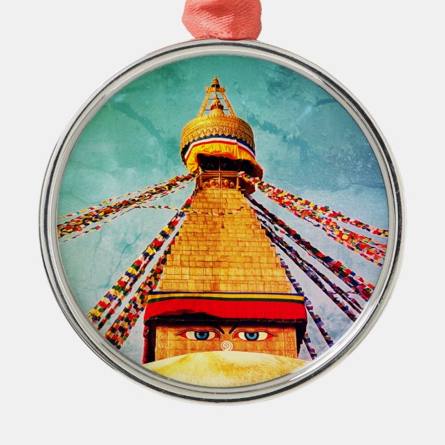 Boudhanath Stupa, Buddha Eyes, Himalayas, Nepal Ornament Aus Metall (Vorne)