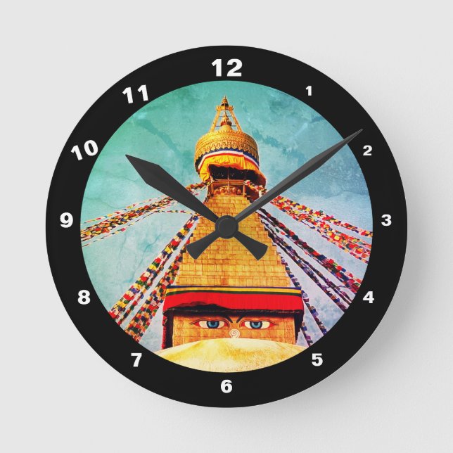 Boudhanath Stupa & Buddha - Nepal /Vintag Dharma Runde Wanduhr (Vorderseite)