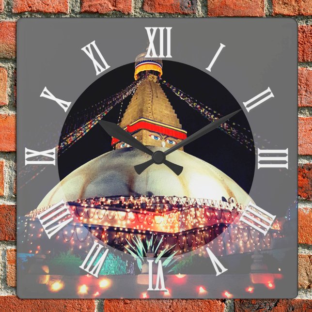Boudhanath Stupa in der Nacht, Kathmandu, Nepal Quadratische Wanduhr (Von Creator hochgeladen)