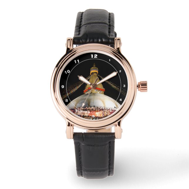 Boudhanath Stupa, Kathmandu bei Nacht (Uhr) Armbanduhr (Vorderseite)