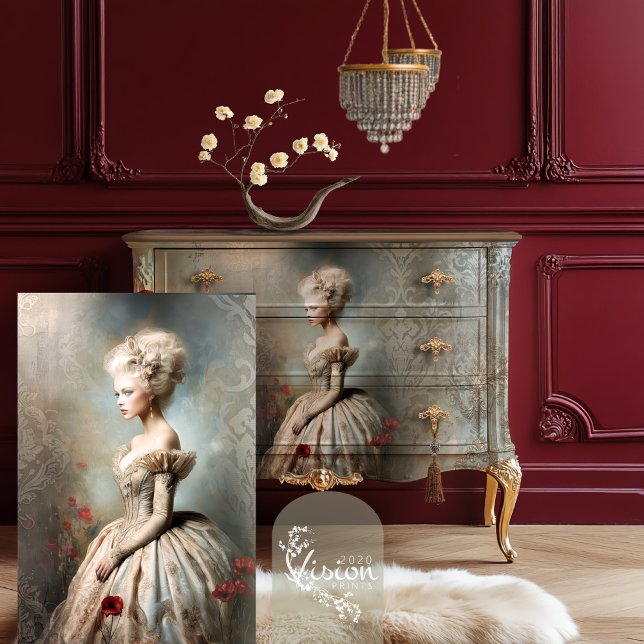 Bouffant Blooms, Rokoko Elegance Seidenpapier (Bouffant Blooms, Rococo Romance, French Woman, Portrait Art Decoupage Paper. )