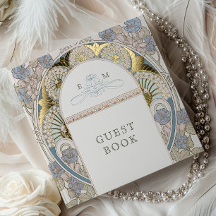 Bougainvillea Blue Gold Wedding Art Nouveau Gästebuch