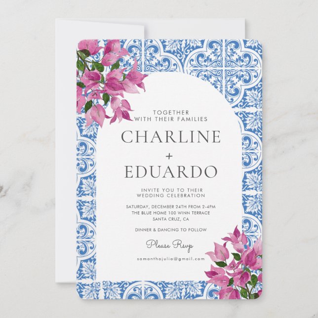 Bougainvillea Bluetile Mediterranean Wedding QR Einladung (Vorderseite)