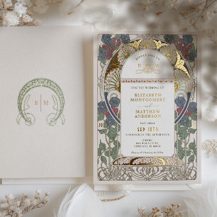 Bougainvillea Burgund Blau Hochzeit Art Nouveau Folieneinladung