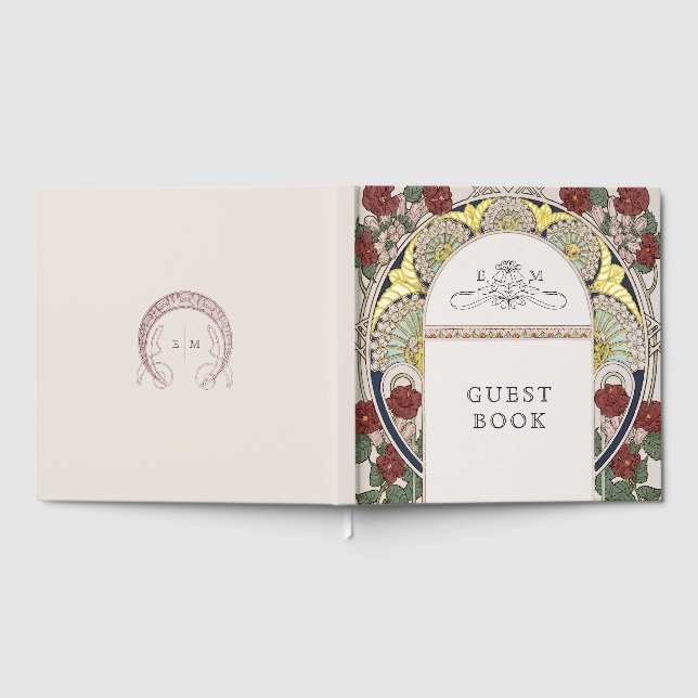 Bougainvillea Burgundy Gold Wedding Art Nouveau Gästebuch (Voll)