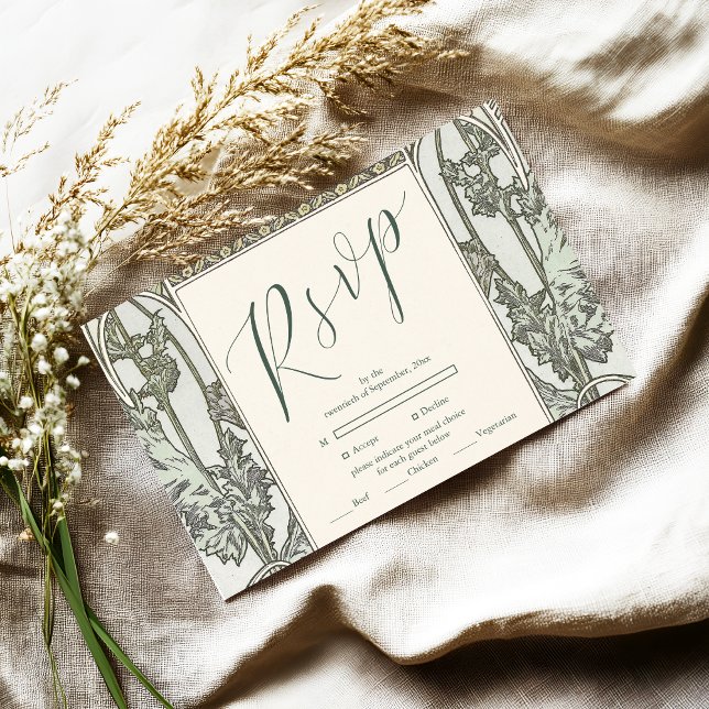 Bougainvillea Green Art Nouveau Mucha Wedding RSVP Karte (Von Creator hochgeladen)